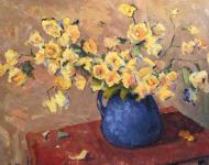 Blue Vase with Yellow Roses by Michael Lindstrom